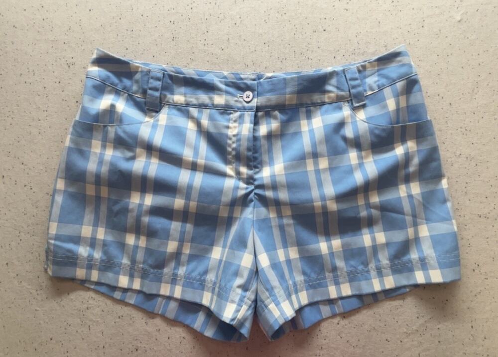Adidas Golf Shorts Womens Size 14 Light Blue White Plaid Tartan Climalite Check
